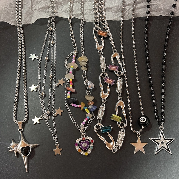 6pcs Fashionable Retro Bohemian Style Colorful Beaded Purple Heart Pendant Necklace Irregular Chain, Punk Clavicle Chain Y2K Jewelry Accessory, Best Gift Choice, For Festival Occasion, Y2k Style, Bohemian Style, Vintage Charm, Statement Necklace