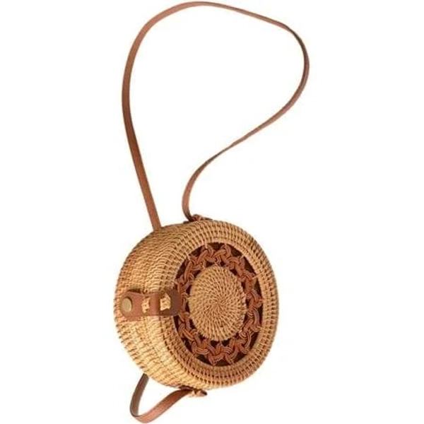 Women's Handwoven Rattan Crossbody Bag with Leather Straps
