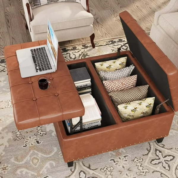 Veanerwood Tufted Square Ottoman Coffee Table with Storage, Leather Upholstered Storage Ottoman, Classic Vintage Bedside Stool for Living Room, Bedroom, Storage Room, Brown