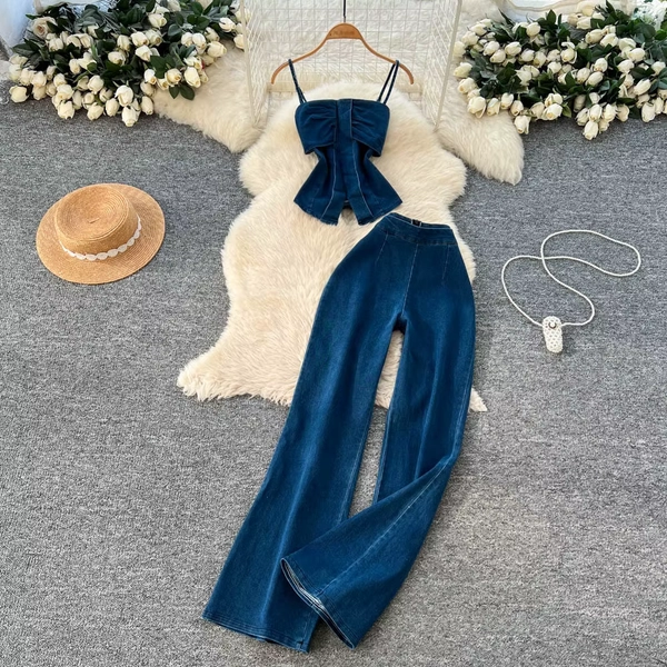 Two Pieces Women Pant Sets Denim Matching Set Strapless High Waist Zipper Wide Leg Pants Slim Y2K Streetwear Casual 2026 Summer - AliExpress 200000345