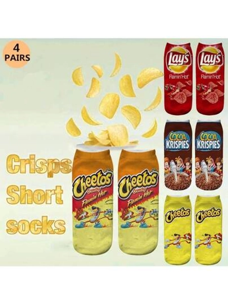 4 Pairs 3D Digital Printing Socks With Chips Snacks Pattern, Women Novelty Ankle Socks