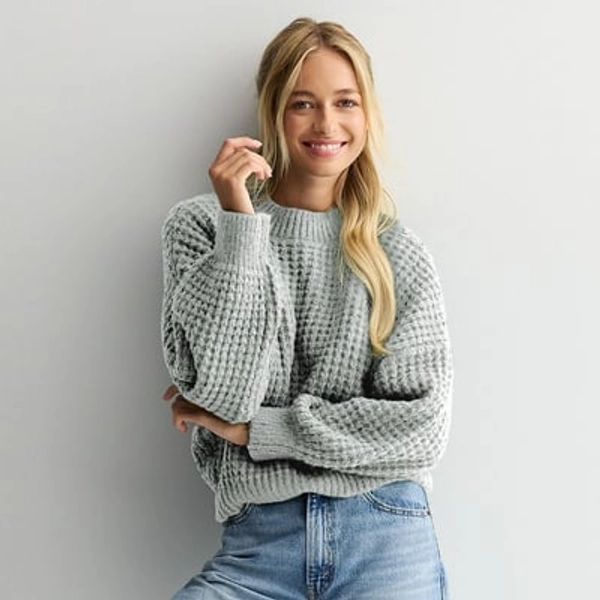 Juniors' SO® Balloon Sleeve Waffle Sweater, Girl's, Size: XL, Gray Fox Grey
