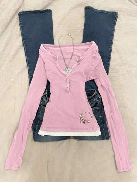 INAWLY 1pc Women Slim Fit Long Sleeve 2 In 1 T-Shirt - Size XS