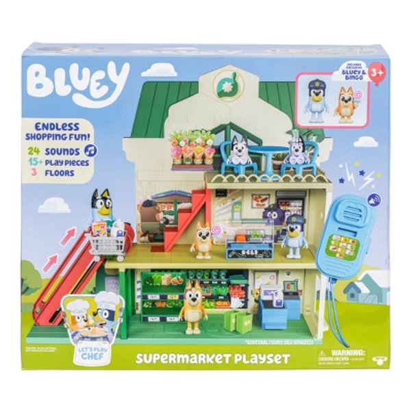 Bluey Let's Play Chef Supermarket Playset - 22pk: Includes Sound Effects, Stickers, and 2 Figures