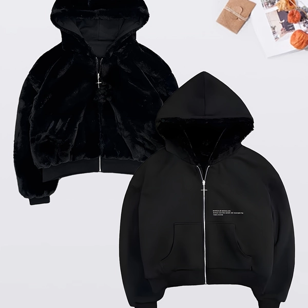 's Reversible Hooded Sweatshirt - Two-Tone Zipper Hoodie Jacket & Loose Fit Sweater Coat, Grey/Black/White/Pink Retro Animal Print, Machine Washable Winter Warm Outerwear (No) for Casual & Office