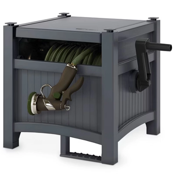 Suncast 100 Foot Hose Hideaway, Durable Resin Garden Hose Storage Reel with Manual Guide for Even Winding, Pre-Assembled, Cyberspace Grey