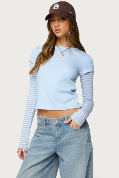 Stripey Layered Long Sleeve T Shirt - LIGHT-BLUE 