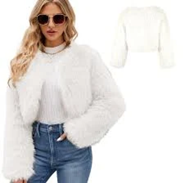 Furry Jacket White Fluffy Jacket Warm Fashion Cropped Faux Furs White Fluffy Coat Long Sleeve Open Front Furry Coats for Women, S