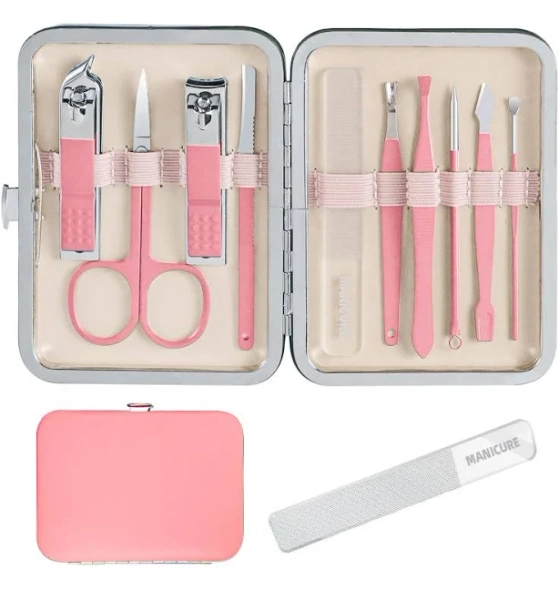 10 in 1 Manicure kit for women Professional pink Nail kit, nail care kit and Personal toe nail clippers, complete Manicure set women with Travel