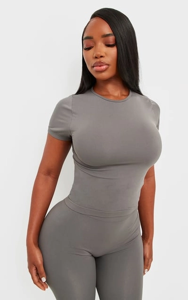 PrettyLittleThing Shape Charcoal Stretch Seamless Short Sleeve Longline Top