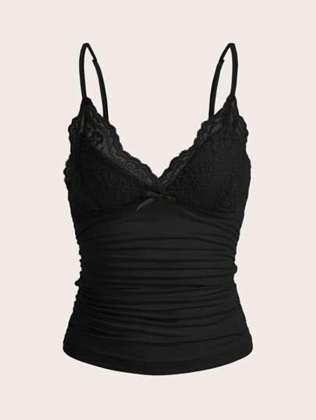 SHEIN ICON Elegant Solid Contrast Lace Ruched Y2k Cami Top - Size XL