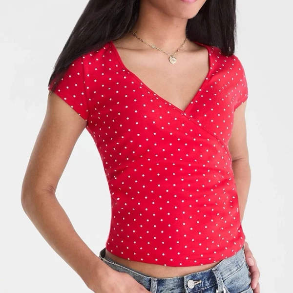 Aeropostale Women's Seriously Soft Polka Dot Wrap-Front V-Neck Tee