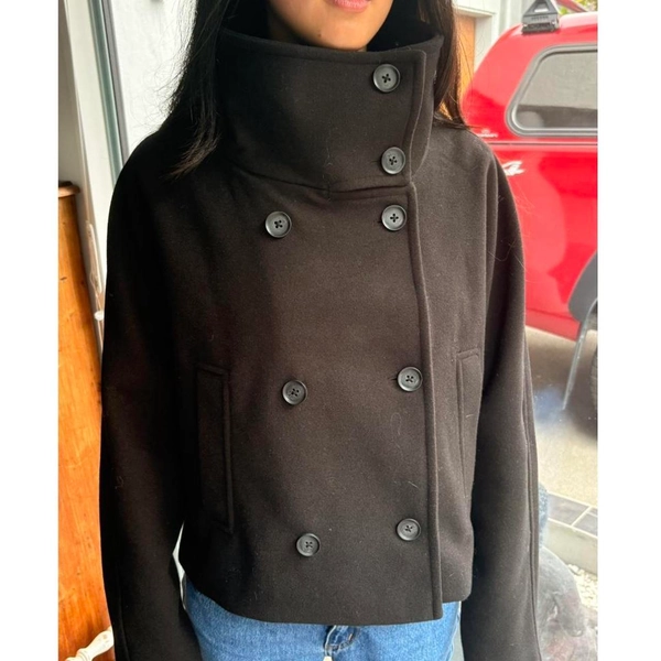 Black cropped peacoat with button up front and...