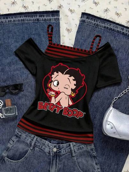 Attitoon Betty Boop x SHEIN Women Black And Red Striped Print Graphic Tee,Cute Street Wear Y2k Summer T-Shirt,Gothic Grunge Vintage Chic Heart & English Text City Break Top - Size XL
