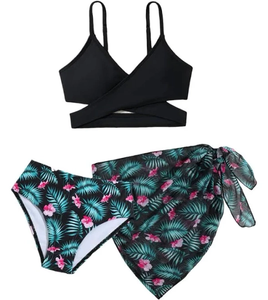 Momkonzz Girls' 3 Piece Flower Swimming Costume Bikini Set