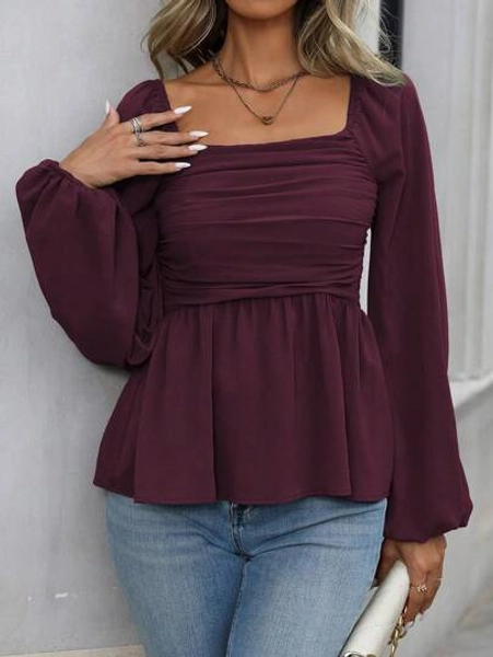 EMERY ROSE Women's Solid Color Ruched Lantern Sleeve Casual Blouse, Spring/Autumn,Ladies Casual Ruched,Ruffle Hem Long Sleeve Square Neck Slim Fit Regular Maroon Bishop Sleeve Peplum Women Blouses,Spring/Fall ,Casual Daily Wear Peplum Top