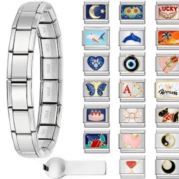 GEMOSA Zilveren Italiaanse Charm Armband Sets, 1 Stuk Starter Brascelet, 20 Stukken Charms Pakket en Opening Tools, 9mm Modulaire Charm Armband Link