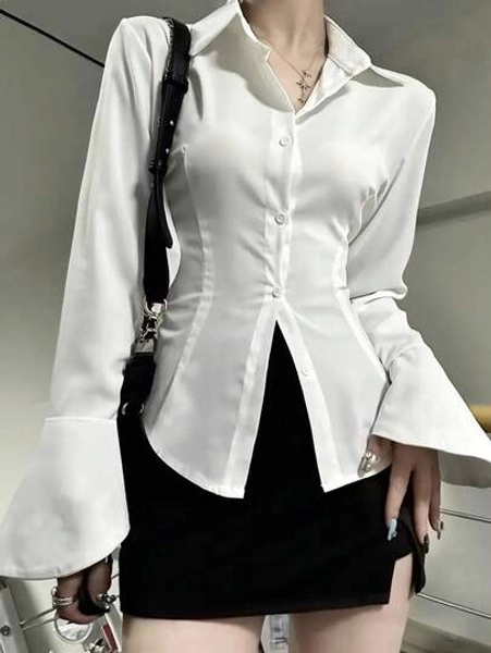 Women Elegant Solid Color Shirt With Unique Tie-Back And Front Button Details - Long Sleeve, Suitable For All Seasons White Spring - Size M