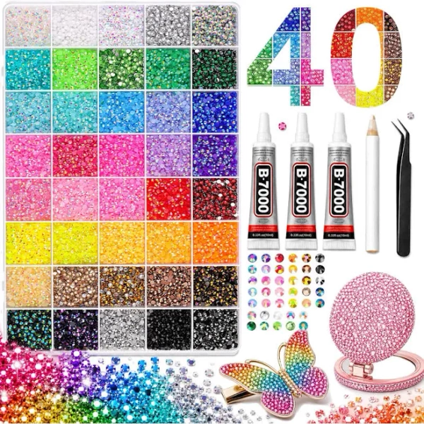 Complete Bedazzling Kit with B7000 Glue 40000Pcs 40 Colors 3mm Jelly Flatback Rhinestones Set with Tools