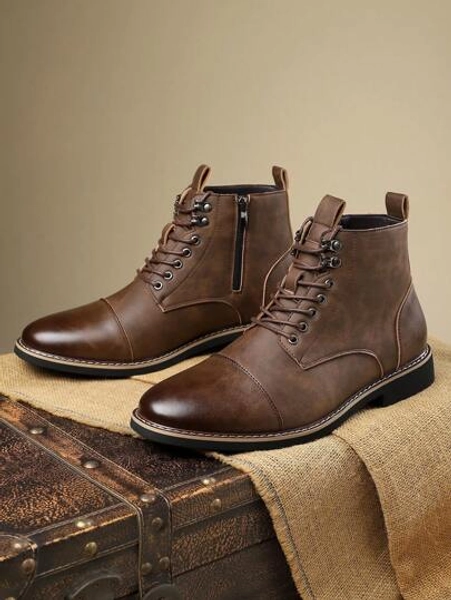 [Fast Arrival] Men's Casual Boots, Side Zipper Boots, Year-Round Lace Up Boots, Outdoor Durable Men's Boots
