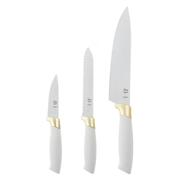 Beautiful 3-Piece Soft Grip Stainless Steel Chef Knife Set White and Gold by Drew Barrymore