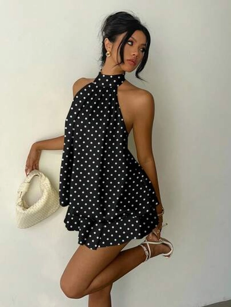 Aloruh Casual Minimalist Black Polka Dot Print Pattern Women Mini Dress - Size XS