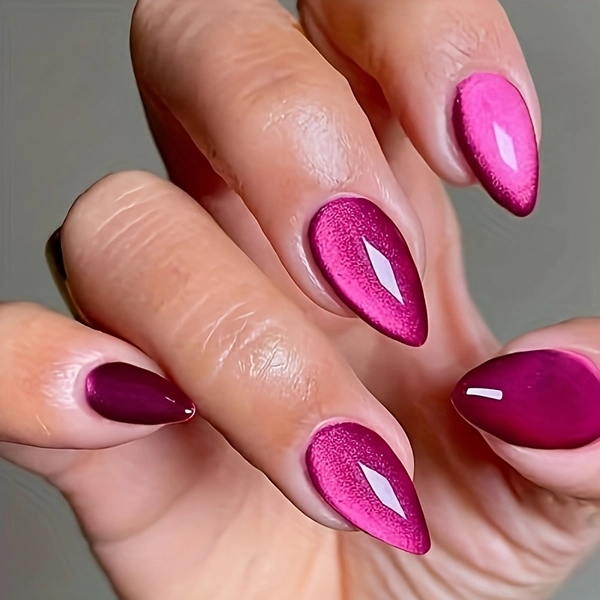 Cat Eye Hot Pink Press-On Nails Medium Almond Shape - 24pcs Stiletto Fake Acrylic Toenail, Opaque Glitter Chrome Gel Tips for Women Soft Soak Off, Nail Art, Durable Press Ons, Nail Enthusiasts, Beauty Lovers