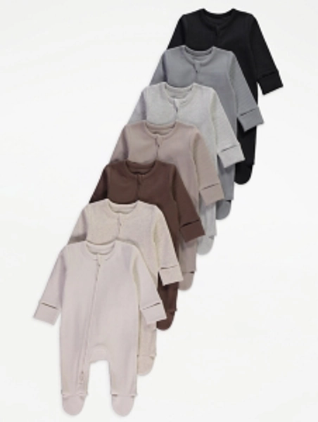 Neutral Ribbed Zip Fasten Sleepsuits 7 Pack