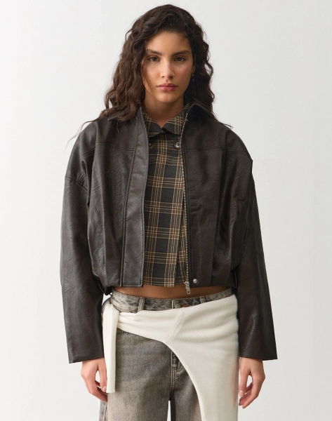 Faux Leather Collared Bomber Jacket