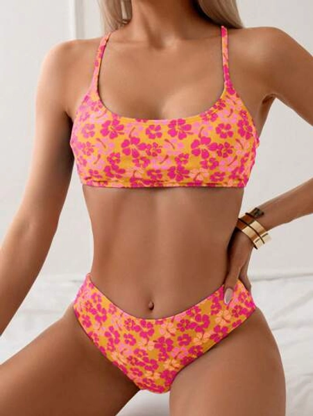 SHEIN Swim Women's Swimsuit Set, Random Print Tankini Style Swimwear Wireless For Summer Beach Vacation