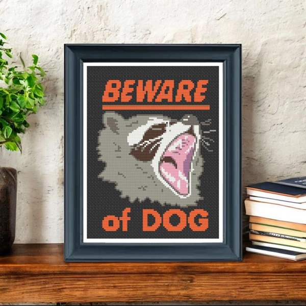 Beware of Dog Raccoon Cross Stitch Pattern – Funny Subversive Sign Design – Digital Download PDF