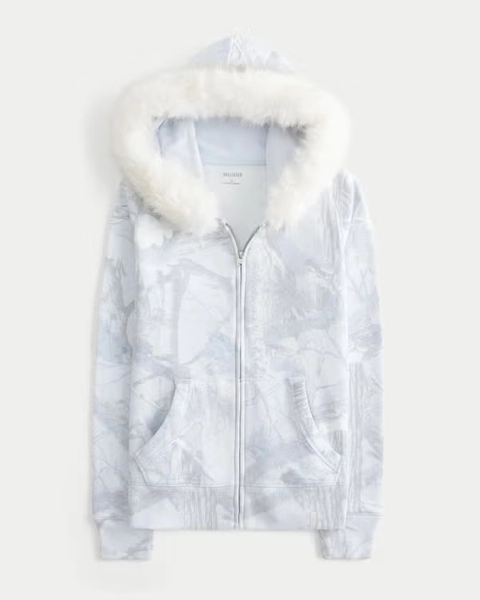 Hollister Feel Good Faux Fur Trim Zip-Up Camo Hoodie