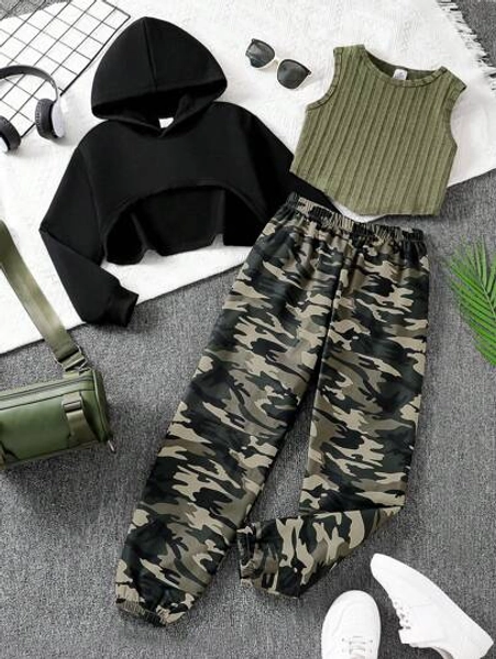3-Piece Tween Girl Casual Fall/Spring Outfit Set: Solid Color Hoodie Sweatshirt, Ribbed Knit Tank Top, And Elastic Waist Camouflage Cargo Pants - Comfortable & Soft Autumn Tween Girl Streetwear