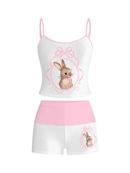 ROMWE Kawaii Women's Cute Bunny Print Sexy Camisole And Shorts 2 Pieces Set, Summer - Size XS