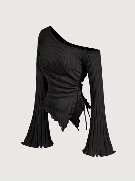 New Women'S Sexy Off Shoulder Cross Long Sleeved Slim T-Shirt Casual Street Style Asymmetrical Elegant T-Shirt Flare Sleeve Top - AliExpress 200000345