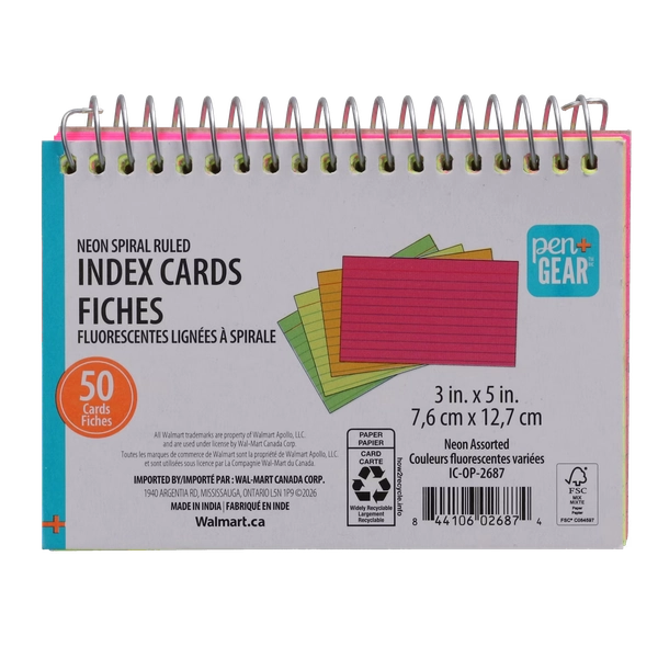 PG INDEX CARD SPIRAL NEON ASST., RULED, 3 IN X 5 IN, 50 CT