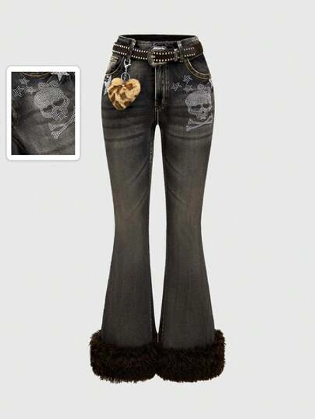 ROMWE J-Fashion Women's Y2K Gyaru Harajuku Girl Rhinestone Skull & Star Pattern Sexy Flared Low Waist Jeans (With Belt) - Size XS