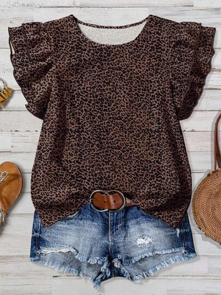 EMERY ROSE Plus Size Women's Daily Casual Elegant Retro Leopard Pattern Round Neck Double Layer Small Cap Sleeve Loose Shirt, Women's Summer Clothing, Women's Vacation Clothing, Women's Summer Clothing, Women's Going Out Tops Suitable For Going Out Chic Blouses For Women