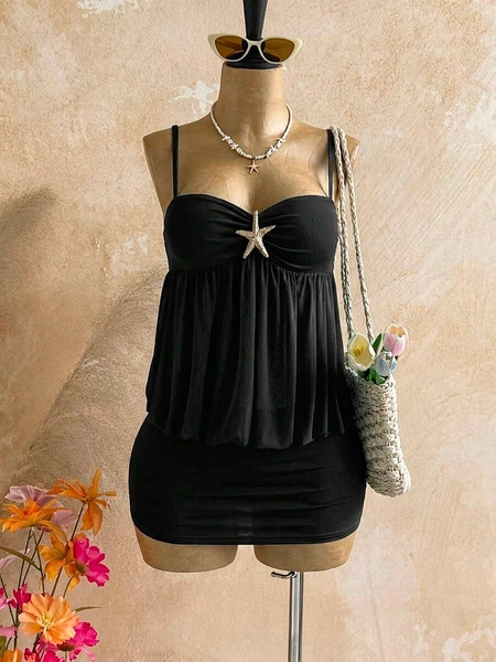 Soleia Vestido romántico y sexy de primavera/verano para mujer, verde menta/azul con tirantes finos y decoración de estrella de mar metálica, bajo de medusa, vestido mini ajustado, vacaciones tropicales, cita, té de la tarde, playa, crucero, viaje por carretera, vacaciones en la ciudad, festival de música, fiesta, bohemio, carnaval, sin relleno