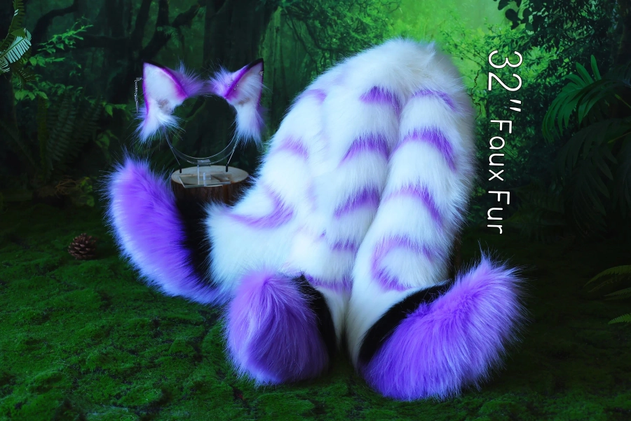 3 tailed kitsune tail and ear faux fur purple white 3 fox tails and ears kitten ear and tail set wolf ear and tail anime cosplay role play