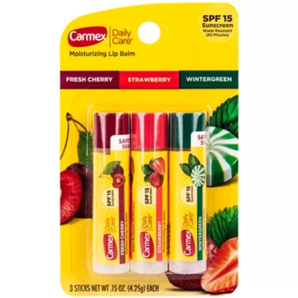 Carmex Assorted Squeeze Tube Flavored Lip Balm, Straw/Cherry/Wintergreen, 3-Pack