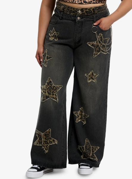 Leopard Star Patch Wide Leg Jeans Plus Size