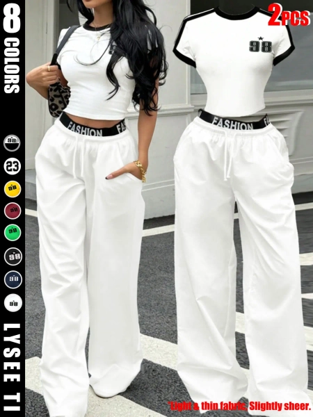 European and American spicy girl style black and white contrasting striped short top+letter waist wide leg pants women's two-piece set