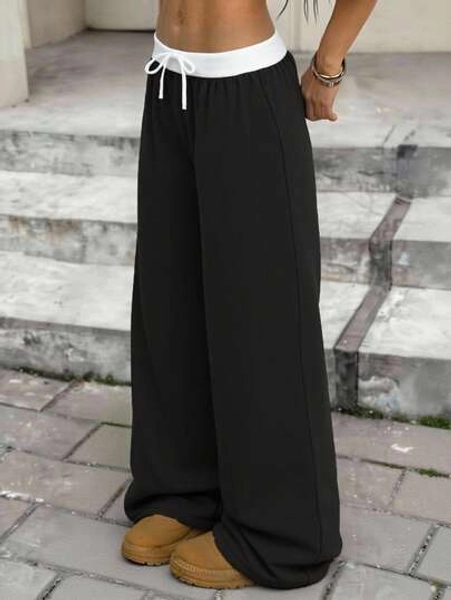 SHEIN Serisse Kids Tween Girls Daily Wear Outfits Casual Basic 100%Cotton Elastic Waistband White Pants, Wide Leg Pants, Back To School Loose Pants Black Baggy Pants Drawstring Pants