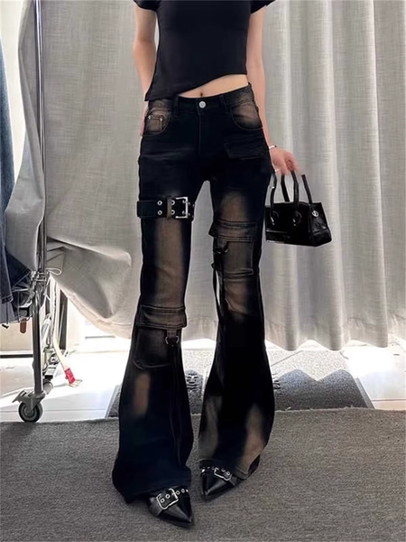 2025 Autumn Winter Women's Denim Pants High Waist Cargo Jean Goblin Core Kpop Bell Bottom Japanese Y2k Stretch 2000s Jeans Gyaru - AliExpress 200000345