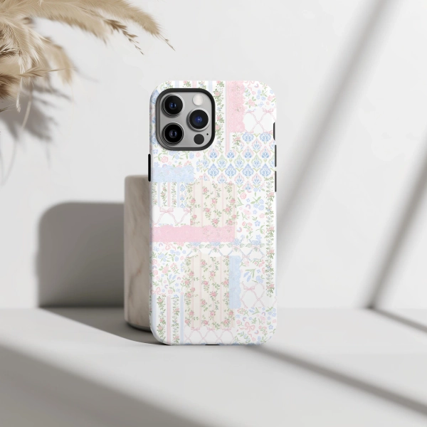 Coquette Mosaic iPhone Case: Lacey Quilt, Bows, Grandmillennial