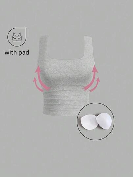 FavEase Casual Solid Color Fitted Tank Top With Chest Pads