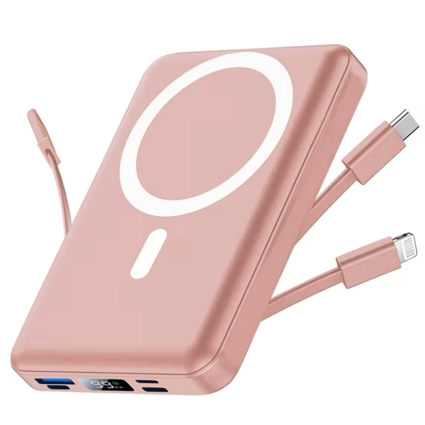 GASYESOY Portable Charger,10000mAh 20W Power Bank,Built-in Cables Fast Charging,with LED Display for iPhone 16/15/14/13/12 and Android,Pink