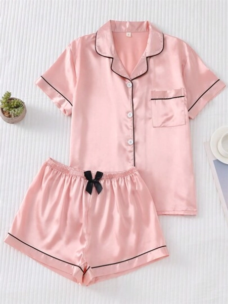 2pcs/Set Satin Pajama Set For Women, Short Sleeved Turn-Down Collar Top And Bowknot Shorts, Home Clothing,Two Piece Set