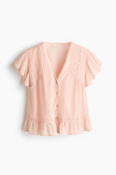 H & M - Lace-Inset Blouse - Light Peach Pink